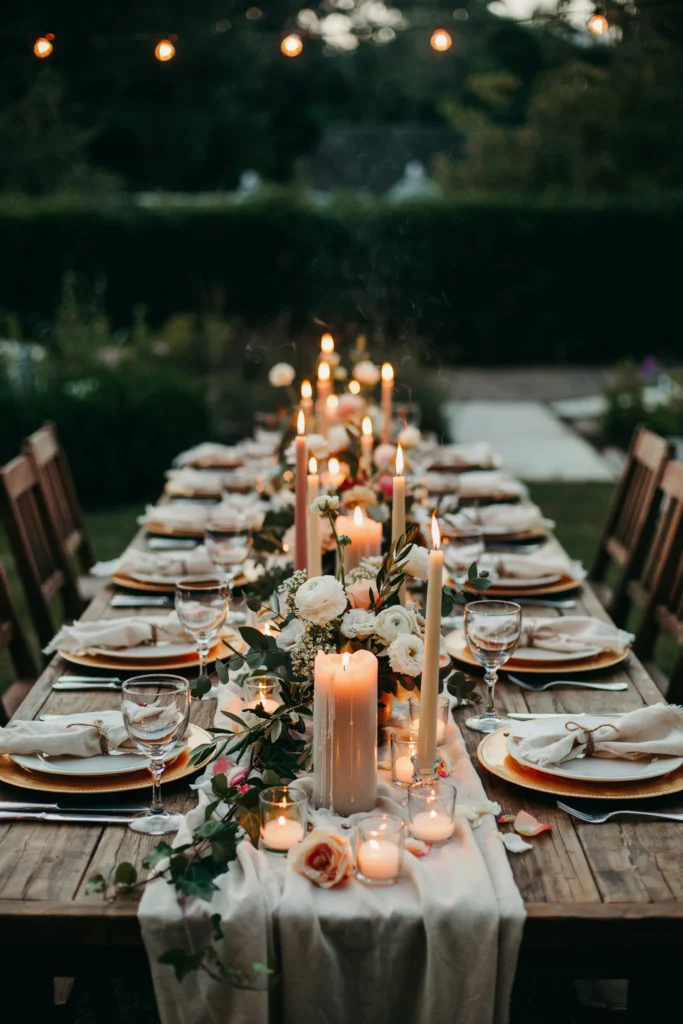 Long farmhouse table outdoors at night set with dozens of pillar candles at varying heights, mixed white florals, gold charger plates, and dark foliage down the center — intimate and moody