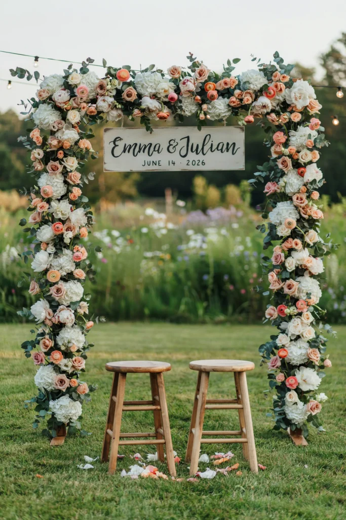 A section of fence or wooden frame covered in faux floral panels — white, blush, and peach blooms — with a hand-lettered sign reading the couple's names and wedding date, two wooden stools in front for posing