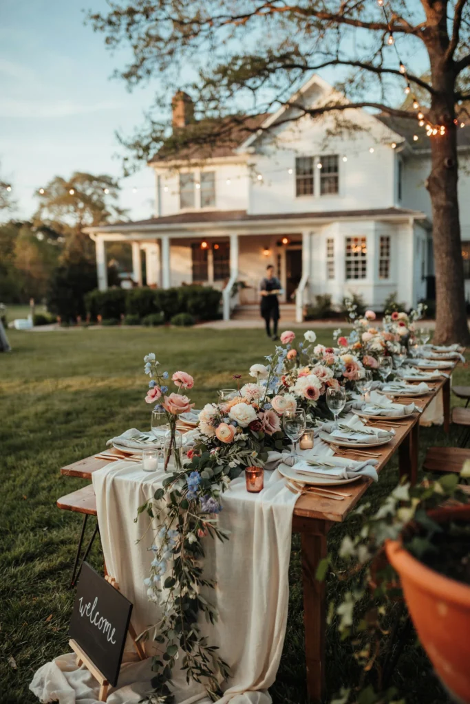 A small backyard set for 20 people — one long table on the grass, abundant florals, candles at every seat, the home visible softly in the background — the intimacy of a dinner party elevated into a wedding