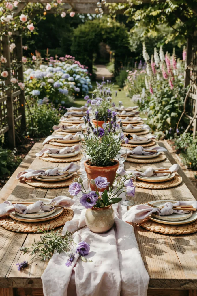 Long outdoor table with lavender stems in terracotta pots down the center, lilac linen napkins, woven rattan chargers, and soft purple lisianthus in simple clay vessels — afternoon light in a lush garden setting