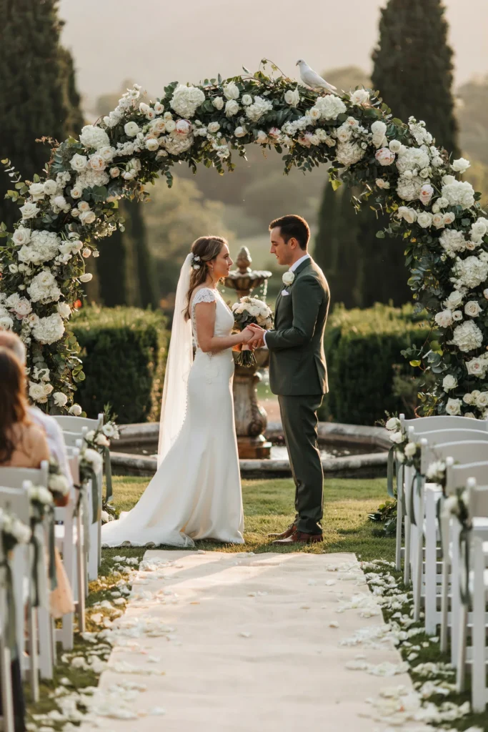 A lush garden ceremony aisle with white garden chairs on each side and a full floral arch at the end — white roses, ranunculus, and trailing greenery — framing a couple exchanging vows