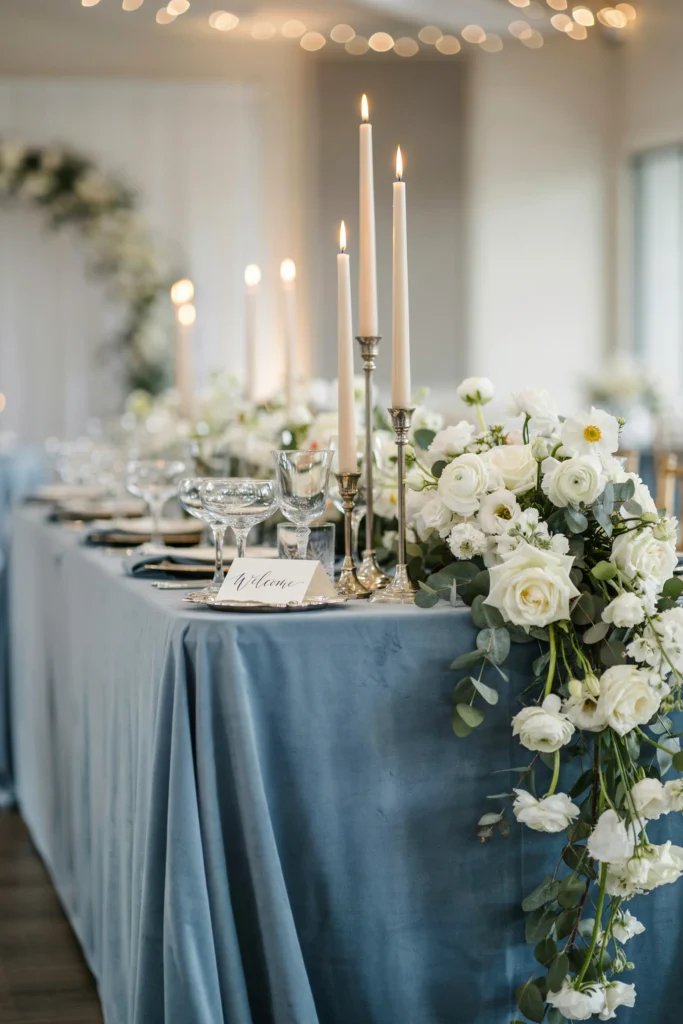 Reception table with dusty blue velvet linen, cascading white florals draping off the table edge, silver candlesticks, and crystal glassware — photographed in warm evening light