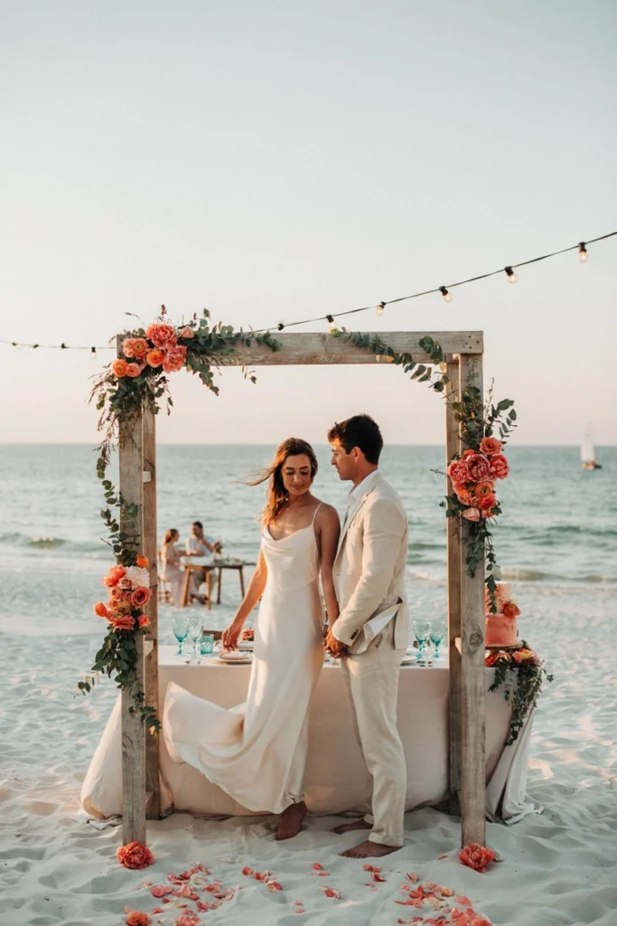 Breezy coral and turquoise beachfront wedding reception with a driftwood-toned wooden arch