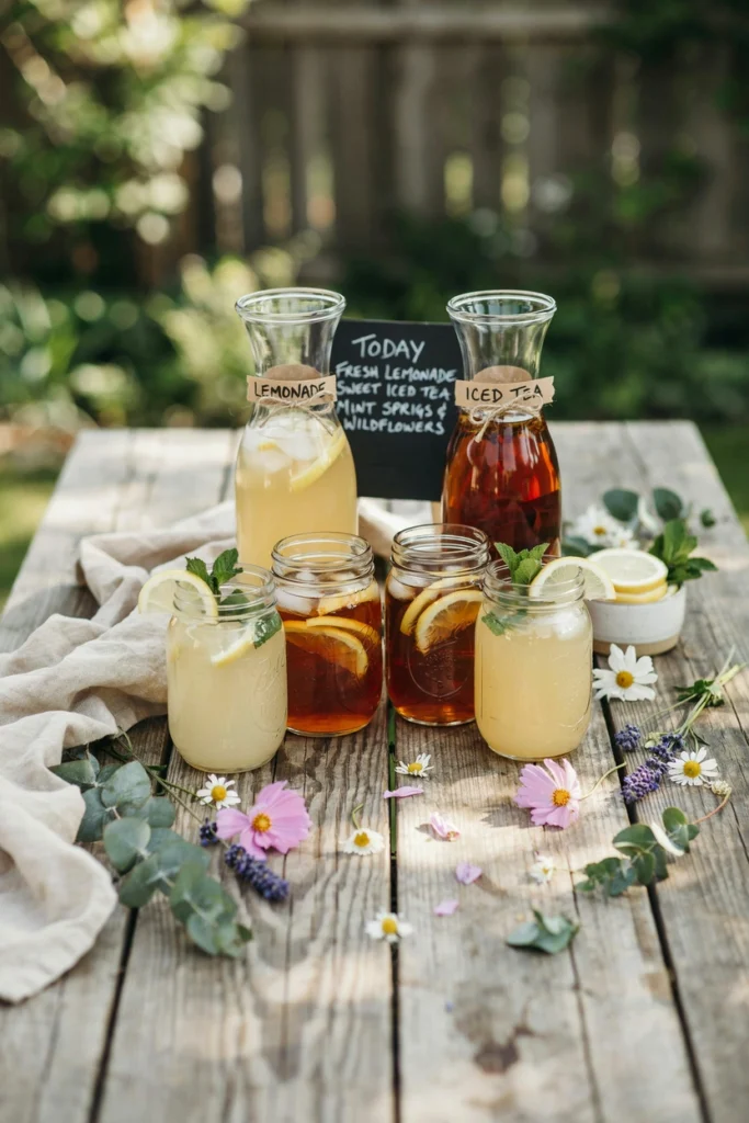  An outdoor bar setup on a wooden table with mason jars used as glasses, labeled carafes of lemonade and iced tea, chalkboard signs for the drink menu, simple wildflower garnishes, and a linen cloth — casual and charming