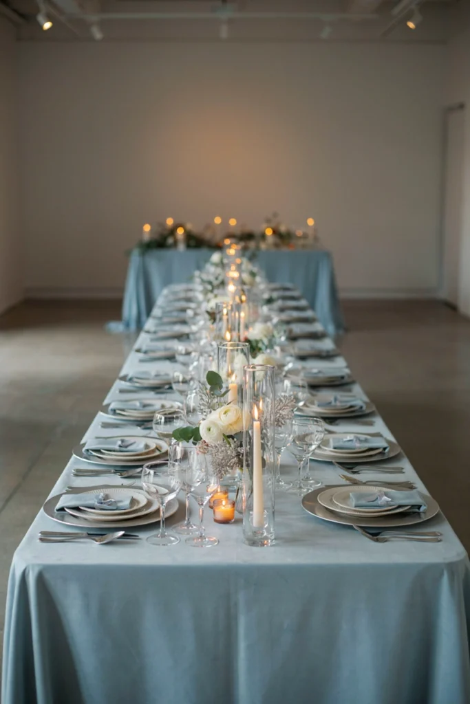 Cool-toned glacier blue and silver wedding reception with icy linens and glass hurricane candles