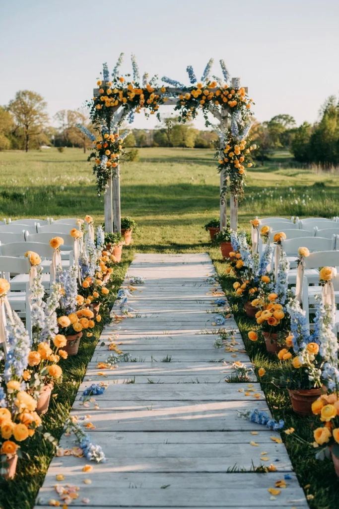 Romantic outdoor wedding ceremony aisle lined with butter yellow ranunculus and pale blue delphinium