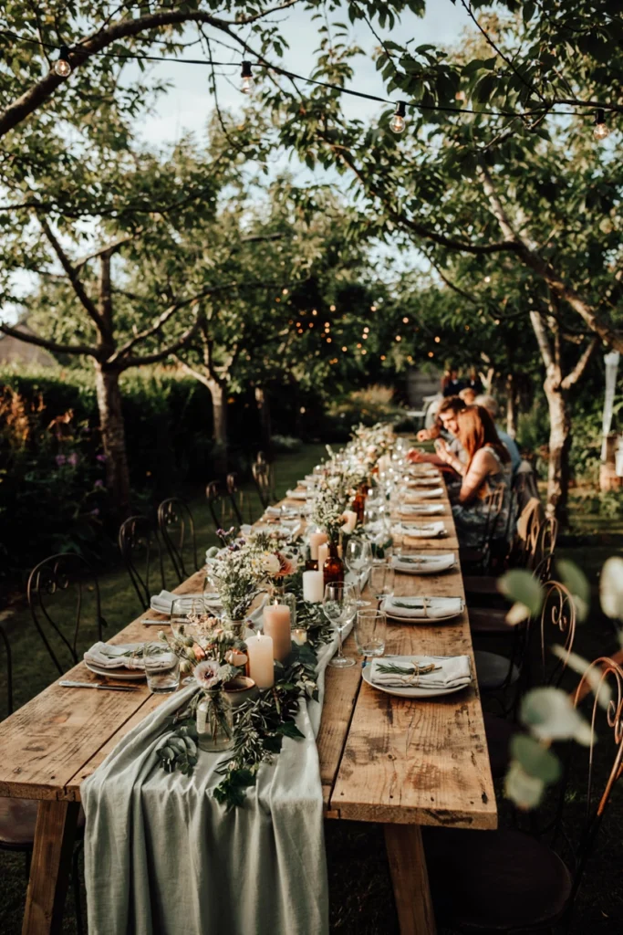 Natural garden wedding reception with sage green linens and cream candles on a long wooden table