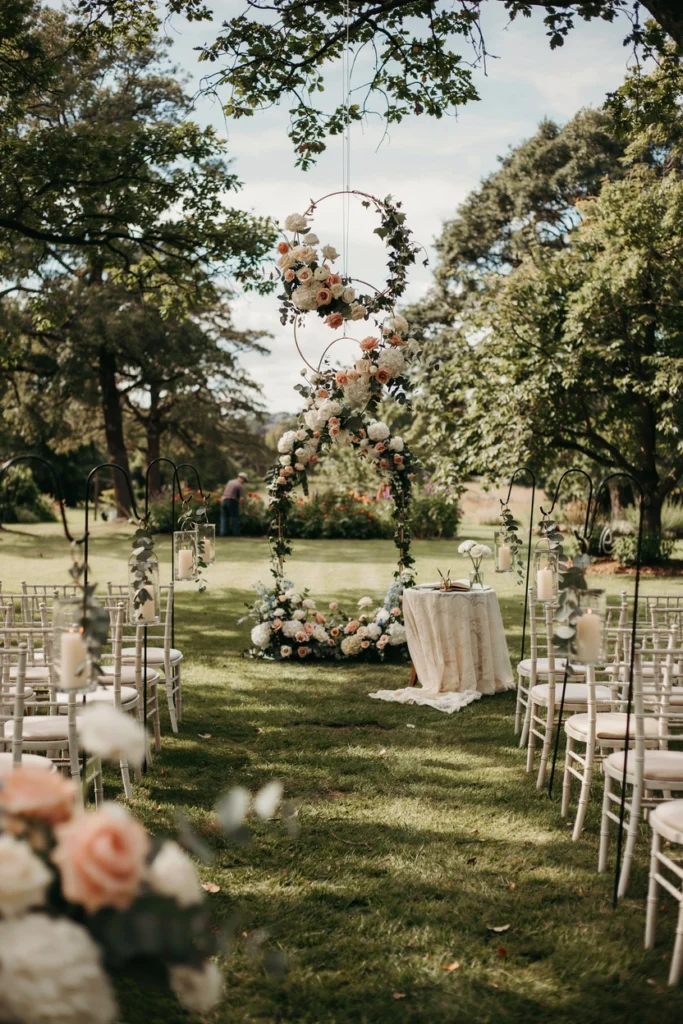 Soft garden ceremony with white wooden chairs, shepherd's hook lanterns lining the aisle, hanging floral hoops overhead, and a vintage lace tablecloth on the signing table