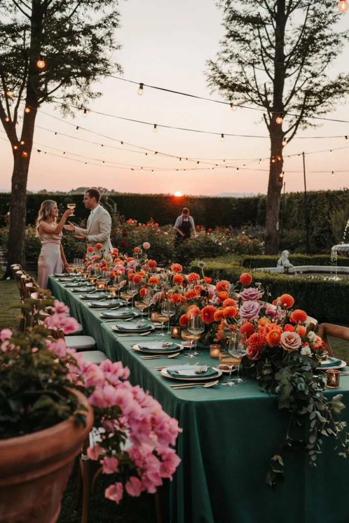 Vibrant hot pink and orange sunset wedding reception with gold flatware and string lights overhead