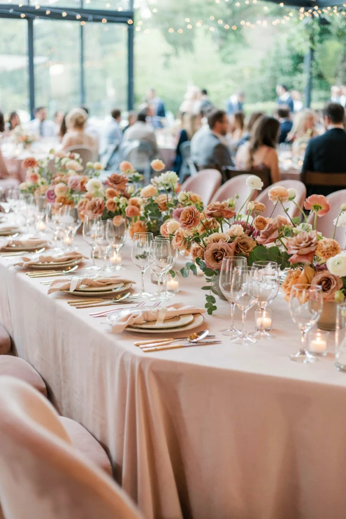 Elegant blush and peach summer wedding reception table with goblet glassware and a garden rose centerpiece
