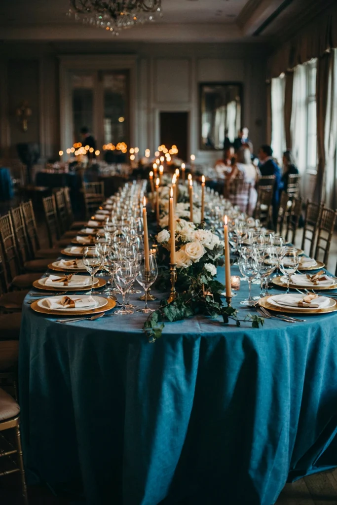 Luxe cobalt blue and gold ballroom wedding reception with brushed gold candlesticks and crystal glassware