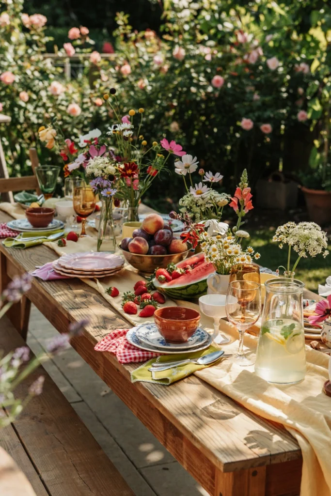 Whimsical citrus maximalist wedding tablescape with butter yellow, strawberry red, and chartreuse