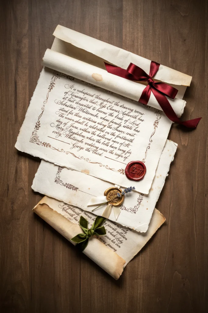 Three layered scroll invitations tied with ribbon, featuring aged parchment-style paper with calligraphy text written in third-person gossip-column style, ornate wax seals, and delicate flourishes.