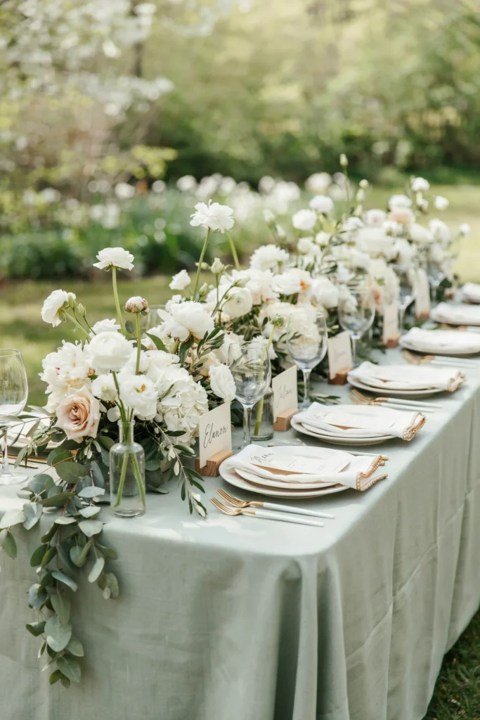 A light, airy table with sage green linen, white peonies, trailing eucalyptus, ivory linens with subtle gold embroidery, wooden place card holders, and a low, lush green and white floral runner down the center.
