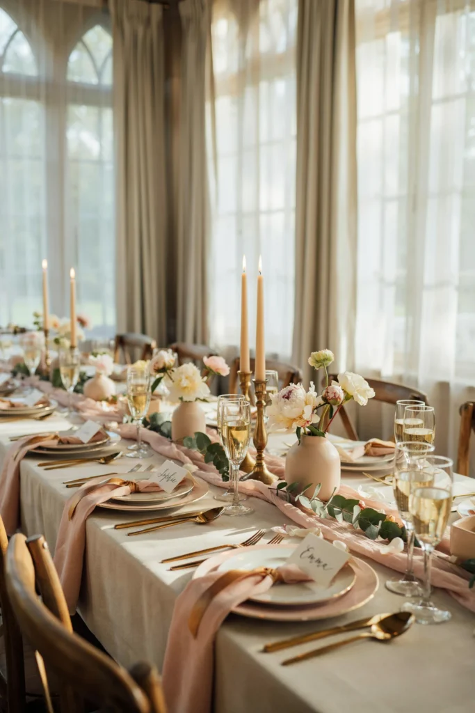 A stunning table setting with blush pink linens, gold candlesticks, soft pink peonies in low vases, gold flatware, champagne glasses, and calligraphy place cards. Afternoon sunlight streaming across the table.