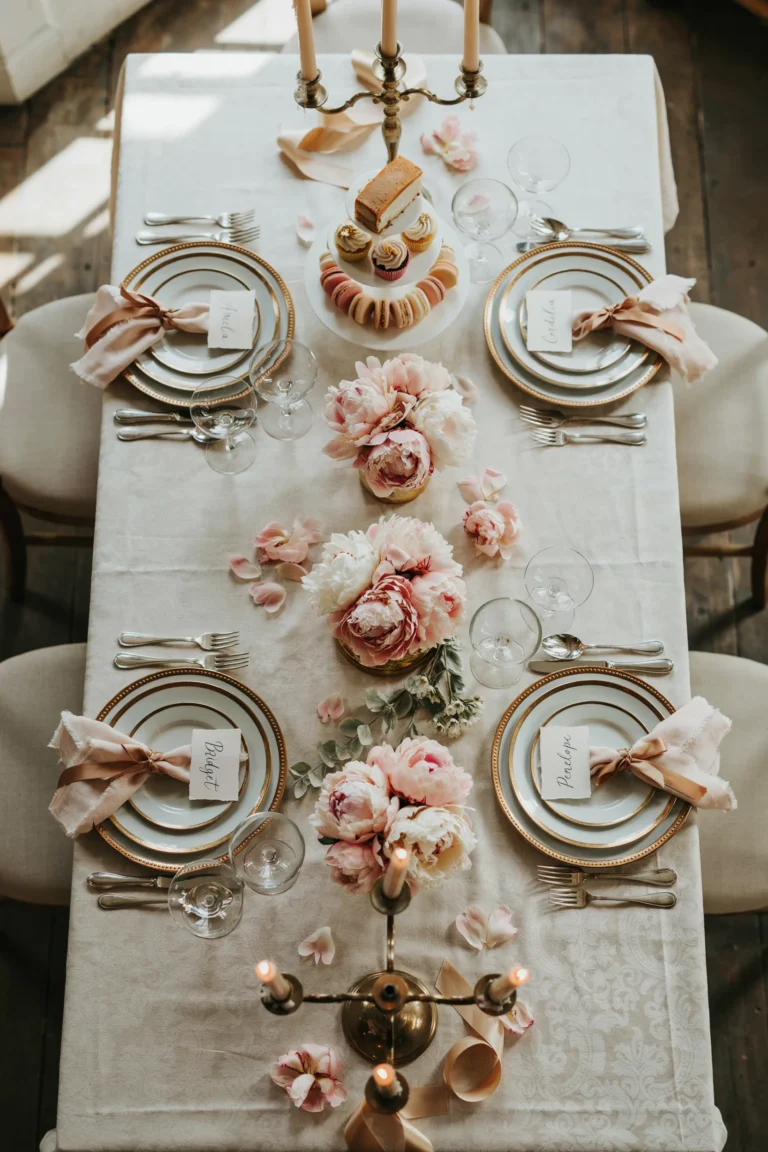 A luxurious overhead shot of an elegant Bridgerton-inspired bridal shower table setting with blush peonies, gold candlesticks, tiered dessert stand, and soft, romantic lighting.