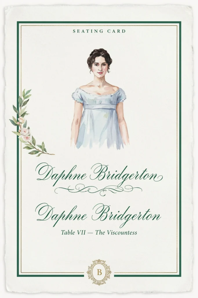 A seating card featuring a different Bridgerton character illustration or name at each seat, adding a playful theme element. Cards are calligraphy-labeled and illustrated with character references.