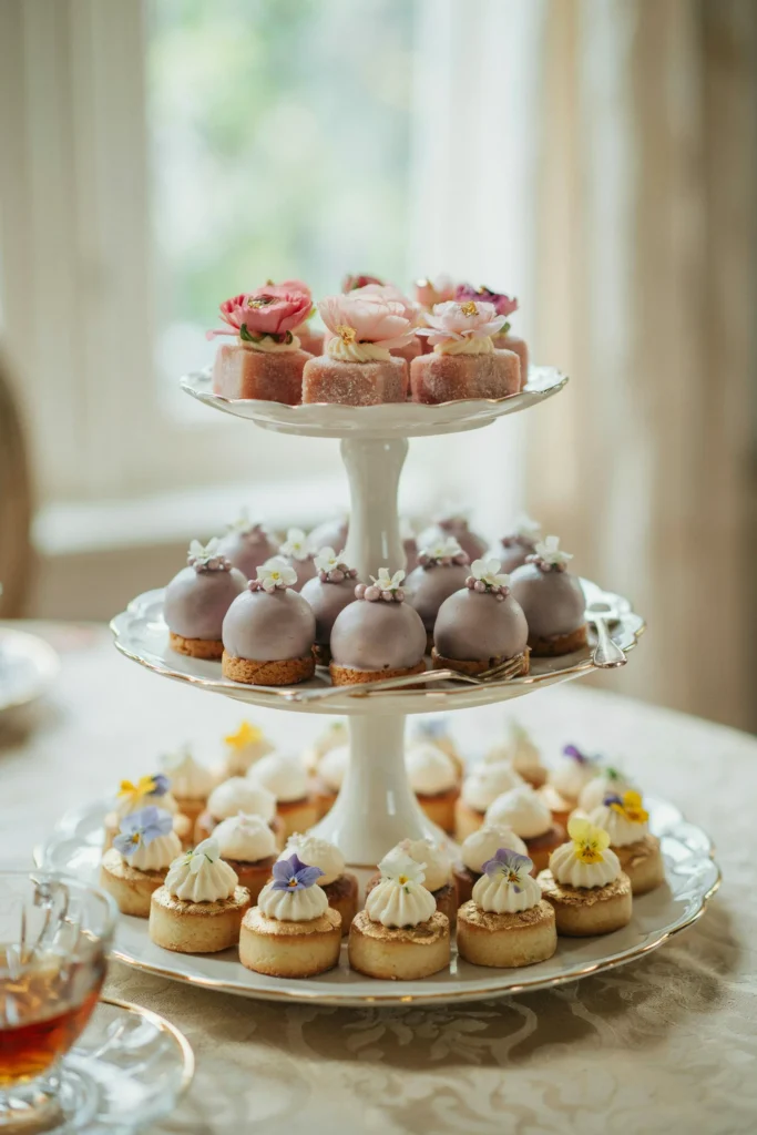 A display of colorful petit fours in pastels (pink, lavender, gold, white) arranged on a tiered stand or platter. Each tiny cake is decorated with a fresh flower, pearl, or gold leaf.