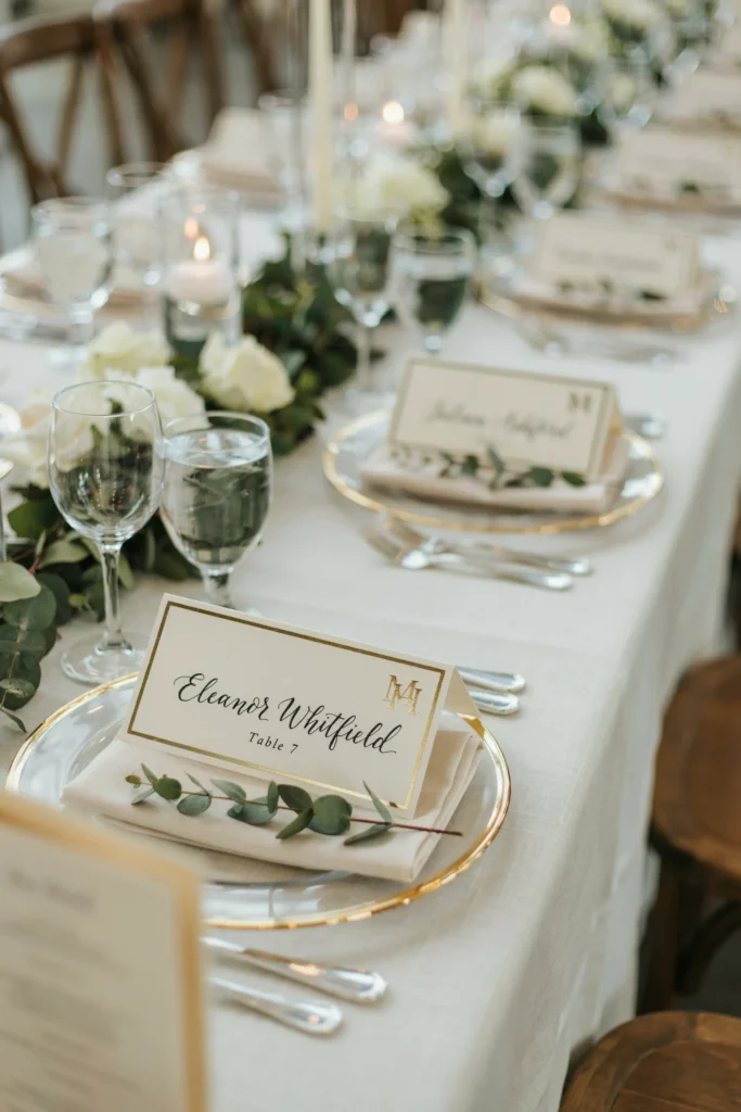  Elegant place cards sitting at each seat, hand-written in beautiful calligraphy with the guest's name and table number. Cards are in cream cardstock with gold embellishments or monograms.