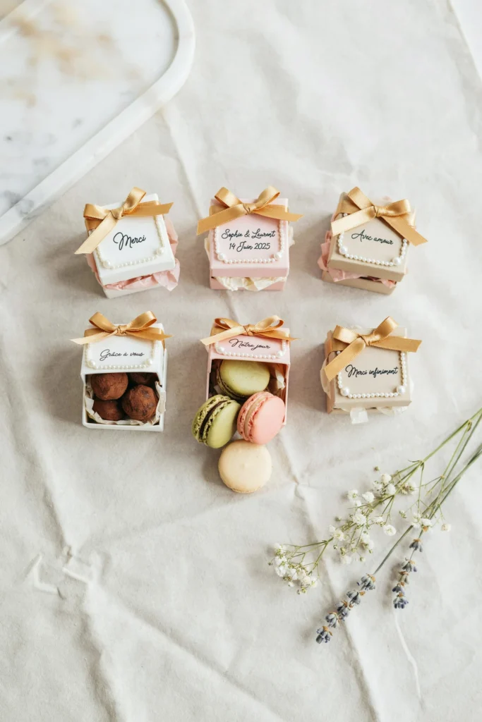 Several small luxury favor boxes adorned with pearl embellishments, gold ribbon, calligraphy labels, and overflowing with macarons, chocolate truffles, or other small treats wrapped in tissue paper.