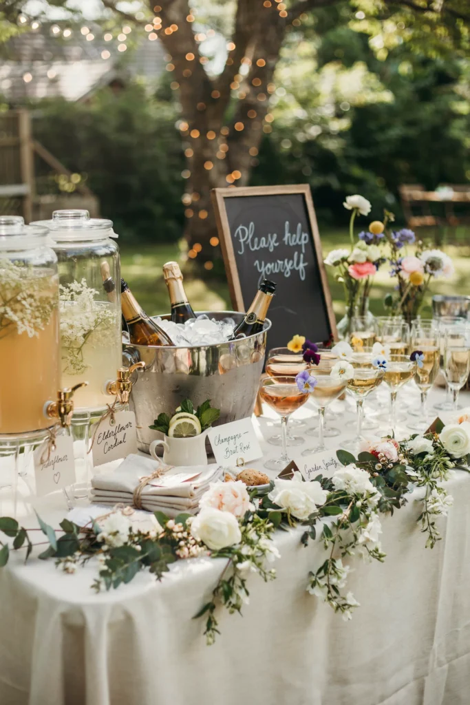 A beautiful beverage station featuring elderflower cordial in glass dispensers, champagne bottles on ice, floral-garnished drinks in glasses, and handwritten labels describing each drink option. Flowers surrounding the base of the station.