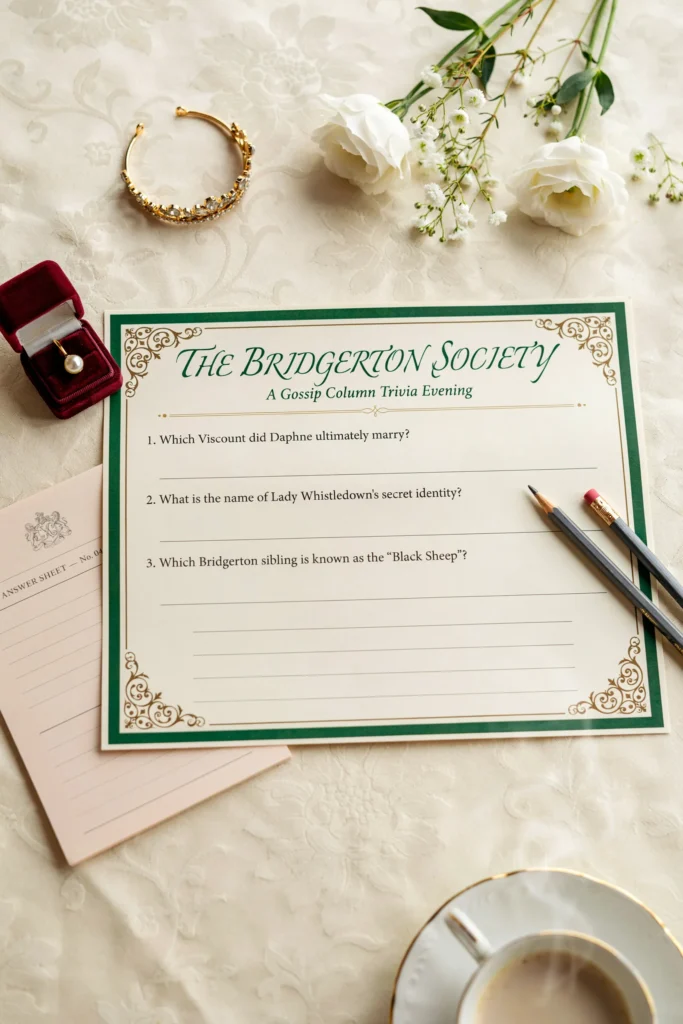 A printed game card or board featuring a gossip-column-style game prompt, where guests answer trivia questions about Bridgerton characters, relationships, or plot points. Pencils, answer sheets, and small prizes (tiaras, jewelry boxes) nearby