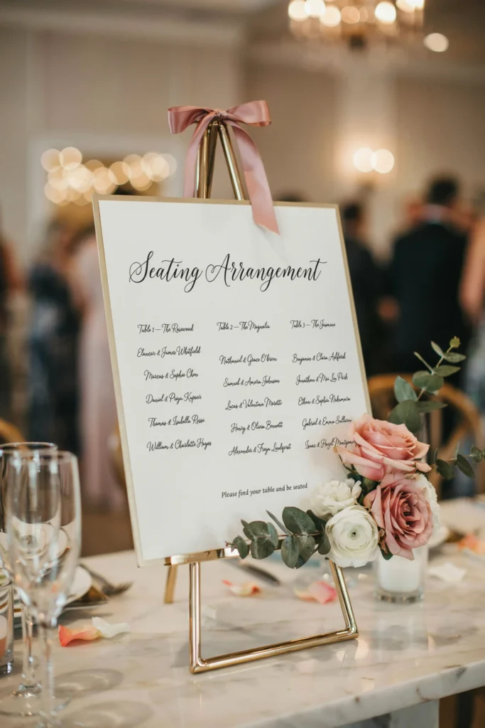  An elegant seating chart displaying guest names in calligraphy, attached to a gold frame or suspended from a ribboned stand. Flowers tucked around the base. A detailed, lovely card that guests stop to read.