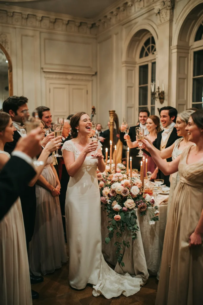 The bride standing surrounded by her guests, champagne glasses raised, surrounded by the full beauty of your Bridgerton tablescape, flowers, and candlelight in the background. Pure joy and celebration captured.