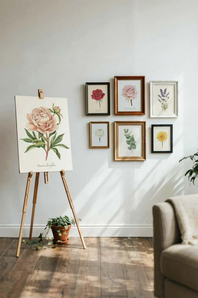 Framed botanical illustrations or prints featuring peonies, roses, and other garden flowers in vintage or modern styles. Illustrations displayed on easels or hung on walls as part of the décor.