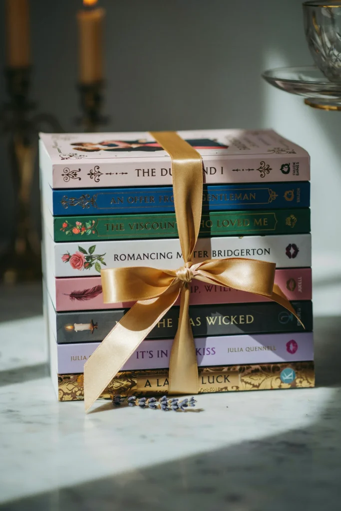 A stack of Bridgerton novels tied with gold ribbon, placed as a centerpiece or decoration. Each book's spine visible, showing the beautiful cover art of each book in the series.