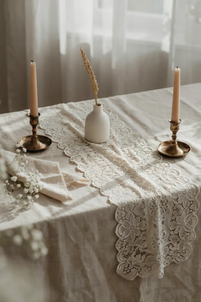 Fine ivory or champagne lace overlaid on solid linens, creating textured visual interest. Lace drapes across table or serves as a backdrop element, adding vintage sophistication.