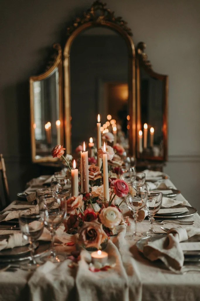 Vintage mirrors or gold-framed mirrors placed at strategic points as backdrop elements or used to reflect candlelight and flowers, multiplying the visual impact of the tablescape.