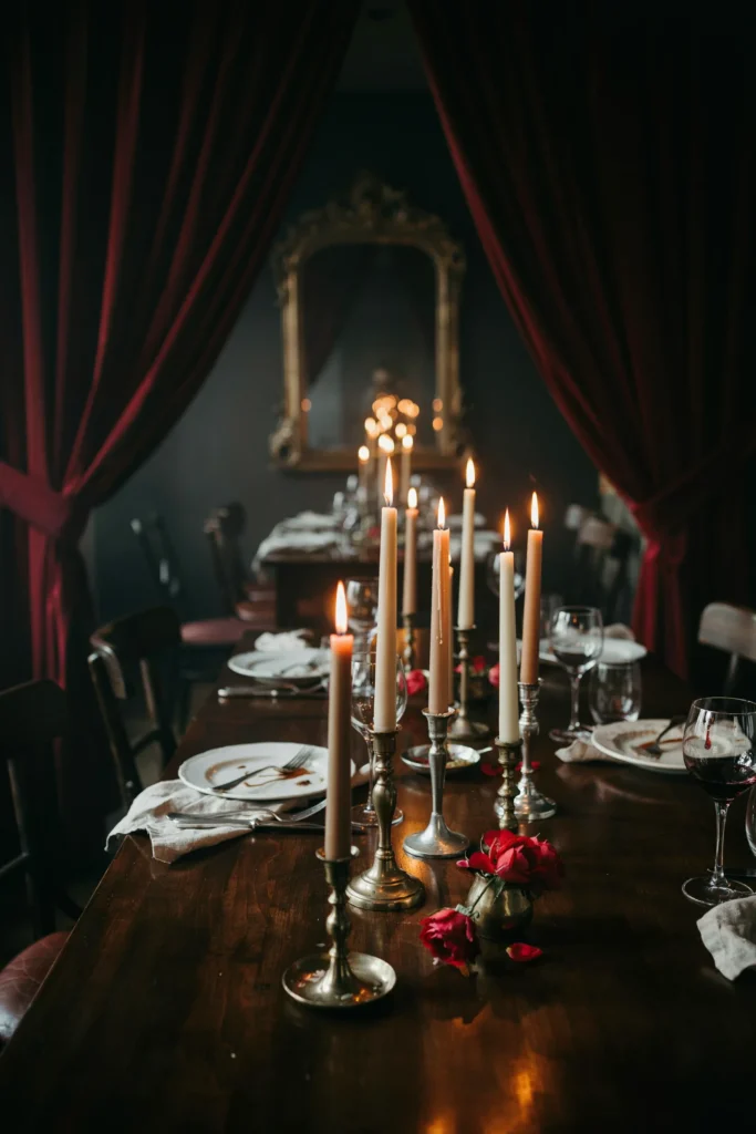 A table scattered with taper candles of varying heights in gold, silver, or brass candlesticks, creating pools of warm light. Candles throughout the room suggest evening ambiance and romance.