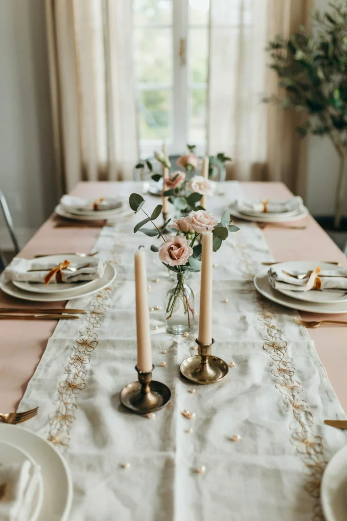 A length of ivory linen table runner adorned with gold embroidery, scattered pearls, and subtle floral motifs. Laid across a blush or sage table with place settings on either side.