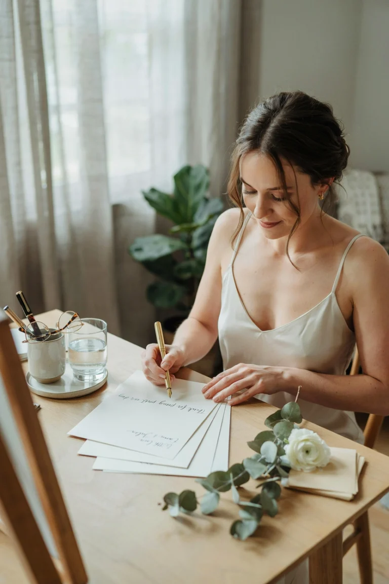 A bride smiling while writing thank you cards at a desk, with a pen in hand and cards fanned out. Warm, natural lighting.
