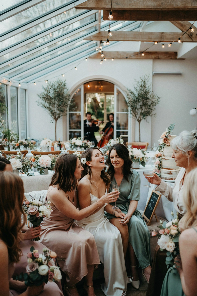 A serene bridal shower moment with elegant music playing in the background. Maybe guests mingling with drinks, a bride laughing with friends, soft florals and warm lighting.