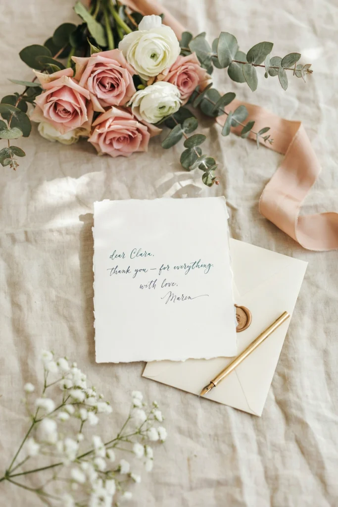 A clean, styled photo of a handwritten thank you card on nice stationery with flowers in the background