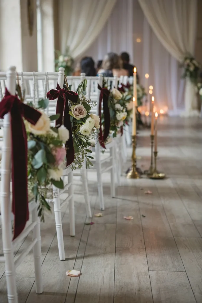 Burgundy velvet bows tied to white wedding chairs with greenery and white blooms
