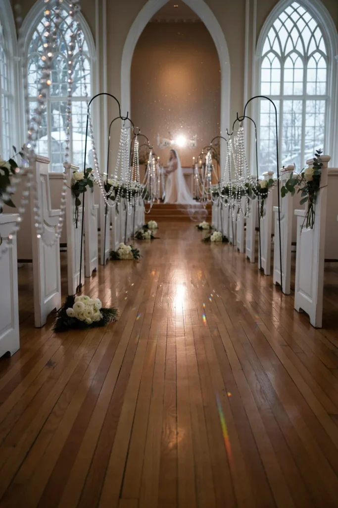 Crystal strands hanging from shepherd's hooks catching light along a glam winter wedding aisle