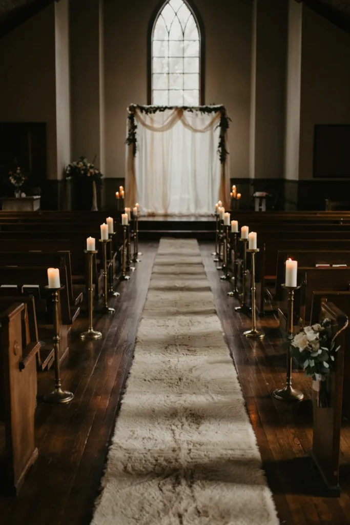 Plush ivory faux fur runner laid down the center of an indoor winter wedding aisle