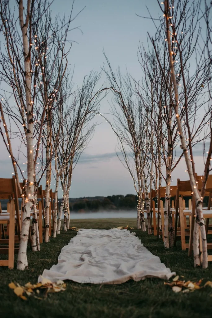 Bare birch branches wrapped in warm white fairy lights marking a winter wedding aisle at dusk