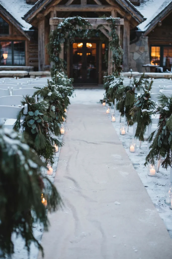Snow-dusted evergreen garland draped along white wedding chairs lining a winter wedding aisle