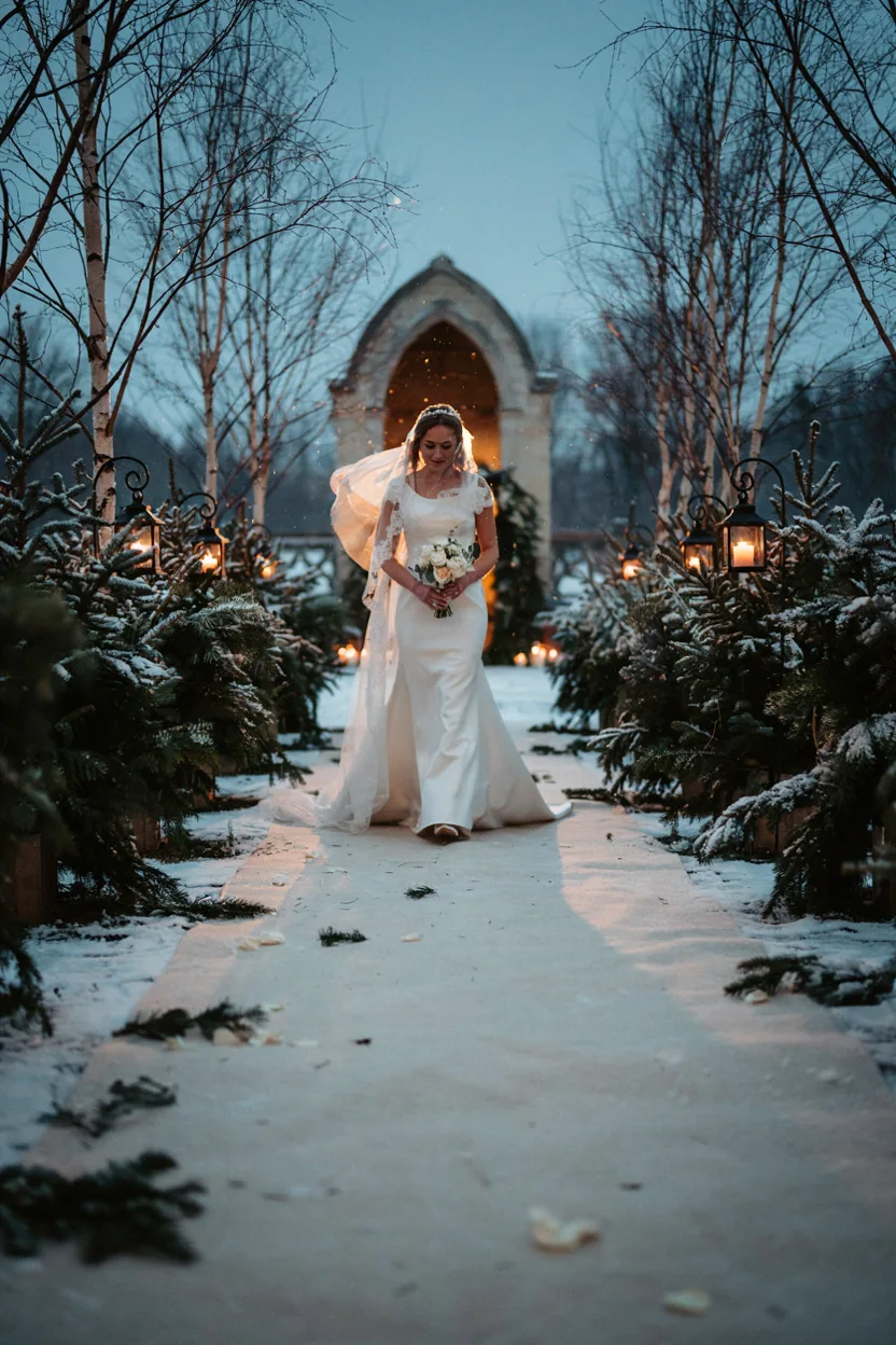 A softly lit outdoor winter aisle lined with snow-dusted evergreen garland and glowing lanterns, bride walking toward camera in soft focus, cool blue-white light with warm lantern glow