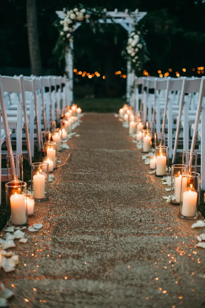 Gold sequin aisle runner glinting under candlelight at an evening winter wedding ceremony