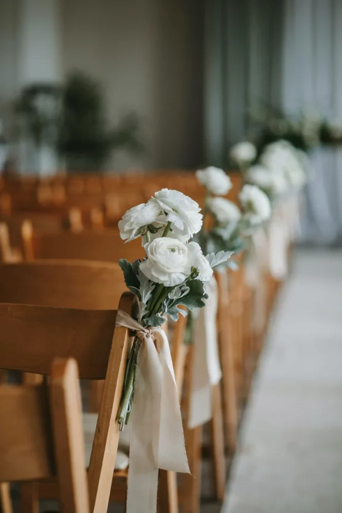 White ranunculus and dusty miller posies tied with raw silk ribbon on wedding chairs