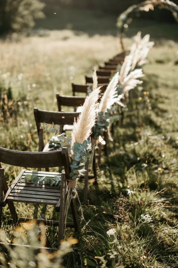 Loose swags of silvery eucalyptus and cream pampas grass tied to chairs with jute twine