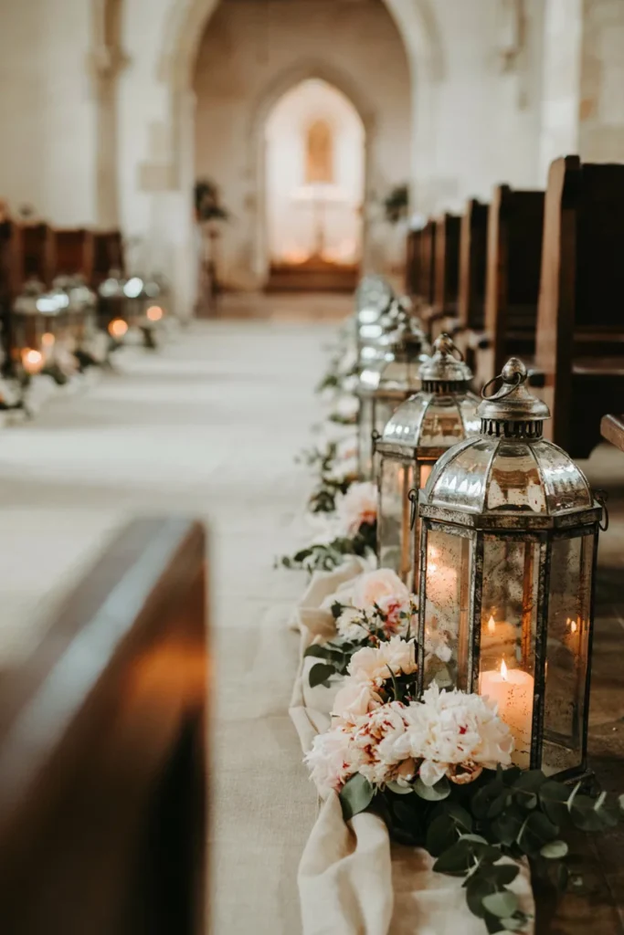 Antiqued mercury glass lanterns with flickering candles lining a winter wedding aisle