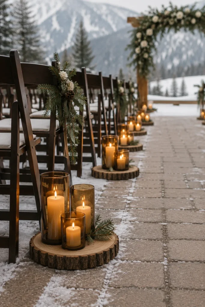 Wood slice risers holding amber pillar candles along a winter wedding aisle