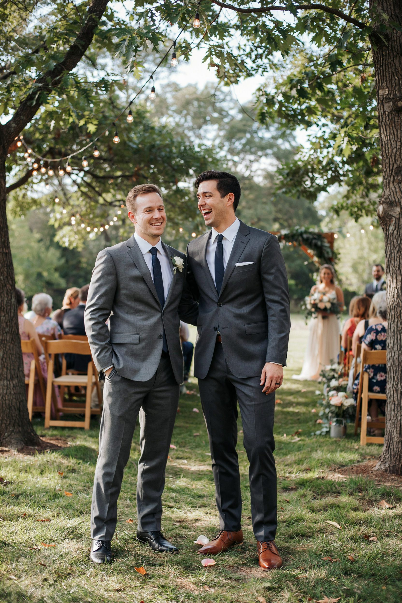 A best man in a suit standing next to the groom on a wedding day, both smiling and looking relaxed. Warm, natural lighting