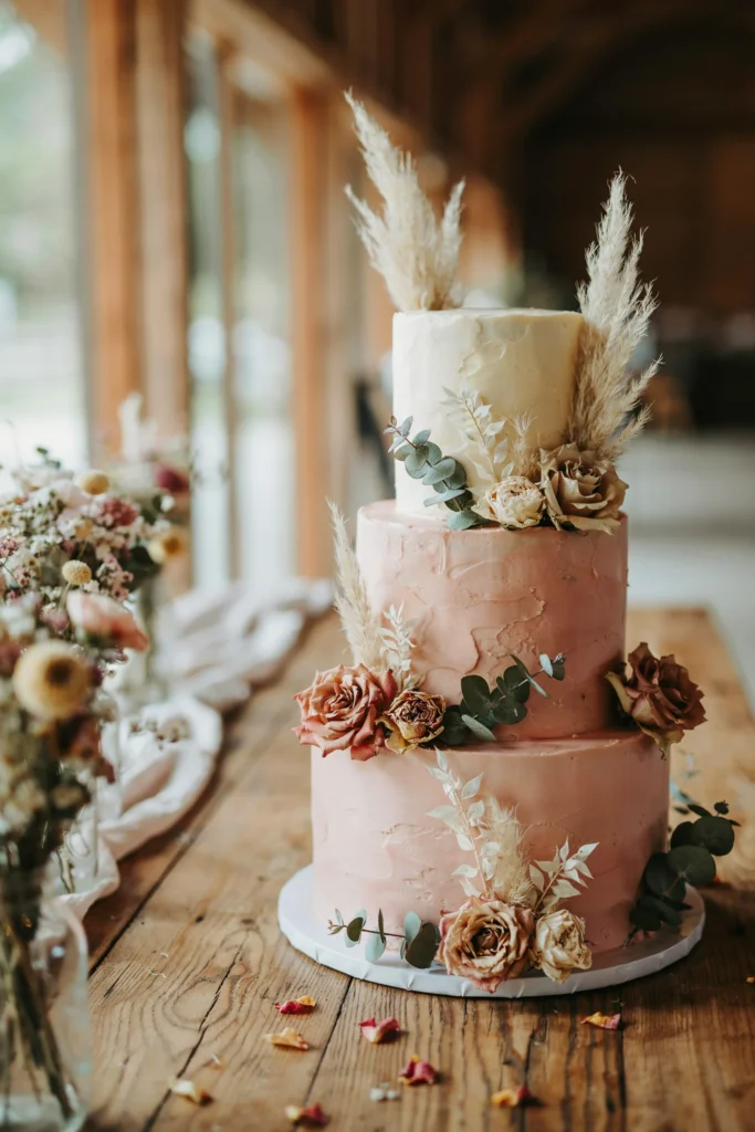 A three-tier cake with deliberately textured, "rustic" buttercream finish, dried pampas grass and dried roses tucked into the texture, blush and cream color palette, organic and earthy